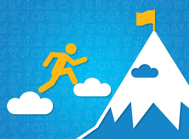 实现目标。插图以人跳云到达山顶，蓝色背景图片下载