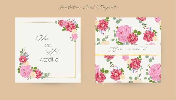 一套婚礼请帖的方形。植物和叶子，红牡丹和玫瑰花与玫瑰叶图片下载