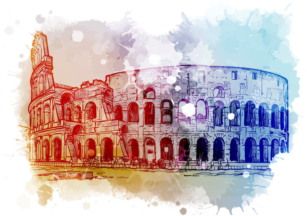 意大利罗马的竞技场。复古设计。水彩纹理背景上的线性草图图片下载