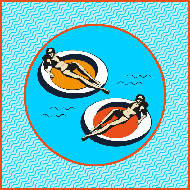 美丽的女人晒黑，戴着太阳镜，帽子，在海滩上，复古的风格。波普艺术。夏天的假期。现代装饰装饰背景。用于纺织、布料、剪贴簿的方形印刷图片下载