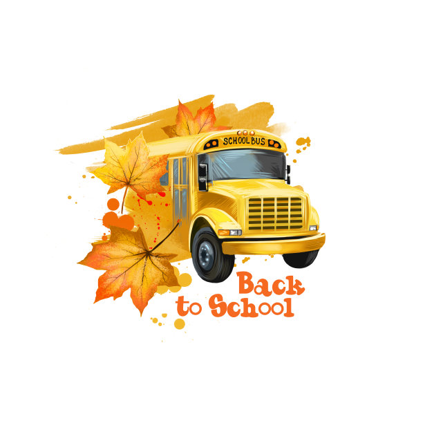 回到学校数字艺术插画。学年开始。手绘美国黄色校车与黄色枫叶孤立在白色的背景。图形剪贴画设计概念图片下载