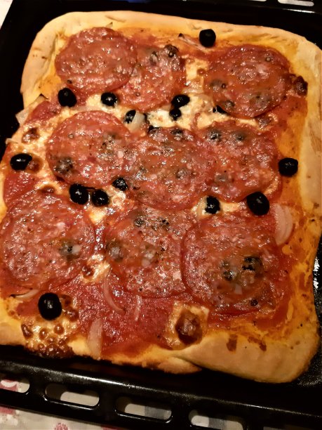 矩形自制披萨配辣意大利腊肠、橄榄、番茄和马苏里拉奶酪图片下载