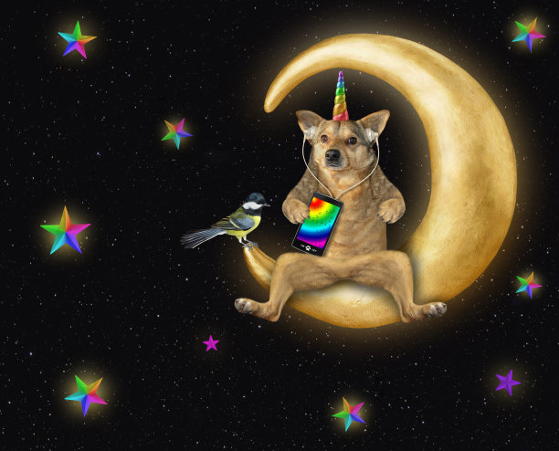 狗狗在月球上听音乐图片下载