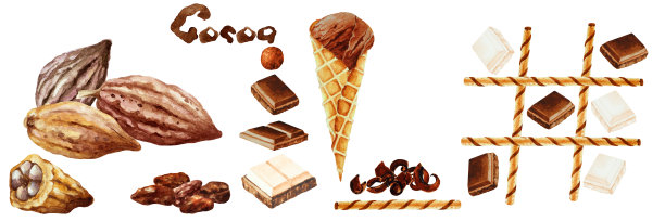 一套完整的和切割的可可豆荚和豆，巧克力冰淇淋在华夫筒，华夫棒，和巧克力在白色背景，手绘水彩画。图片下载