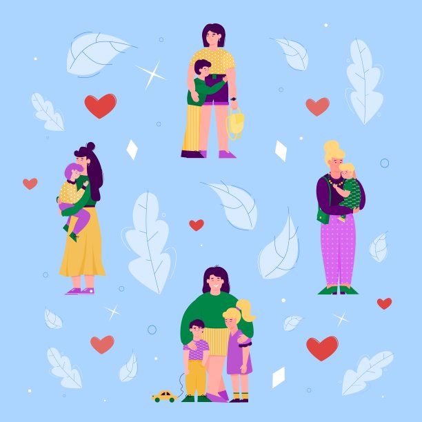 母亲和孩子拥抱和表达爱的卡通矢量插图。图片下载