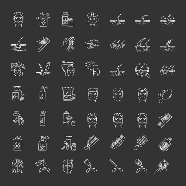 头发脱落粉笔白色图标设置在黑色的背景。秃顶和脱发治疗。激光治疗脱发。女性和男性头发稀疏问题的援助。孤立矢量黑板插图图片下载