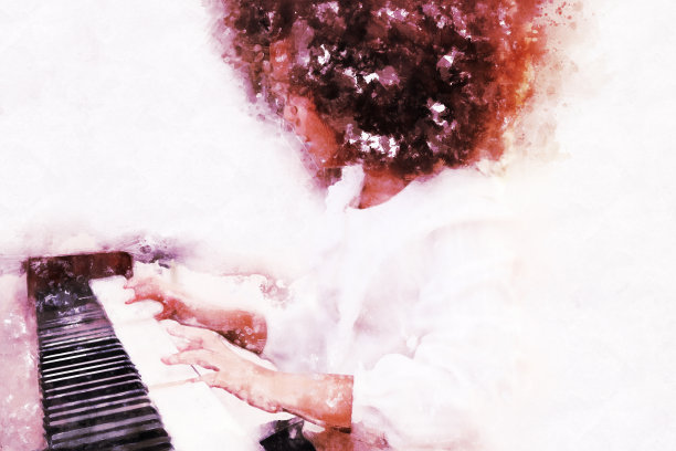 抽象美丽的手弹钢琴键盘前景水彩画背景和数字插图画笔艺术。图片下载