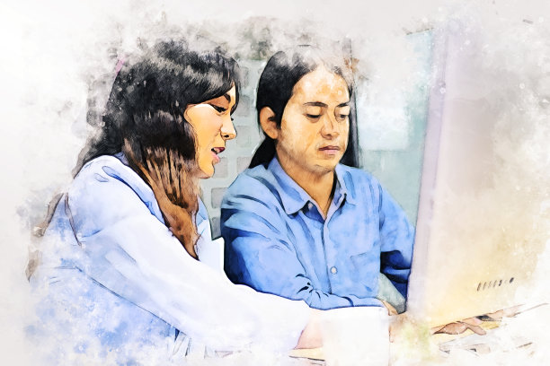 年轻的商业团队策划和工作桌前的水彩画插画背景。图片下载