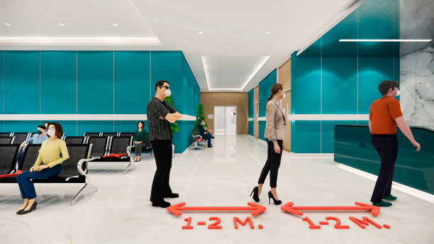 社交距离或安全距离概念的3d动画。冠状病毒感染预防概念。4 k。COVID-19病毒大流行期间的注意事项和避免密切接触。医院或诊所的社会距离。图片下载