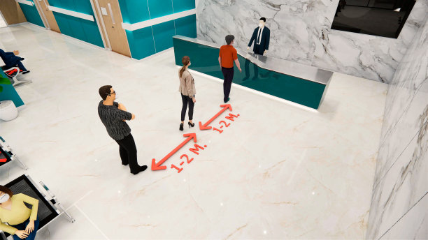 社交距离或安全距离概念的3d动画。冠状病毒感染预防概念。4 k。COVID-19病毒大流行期间的注意事项和避免密切接触。医院或诊所的社会距离。图片下载