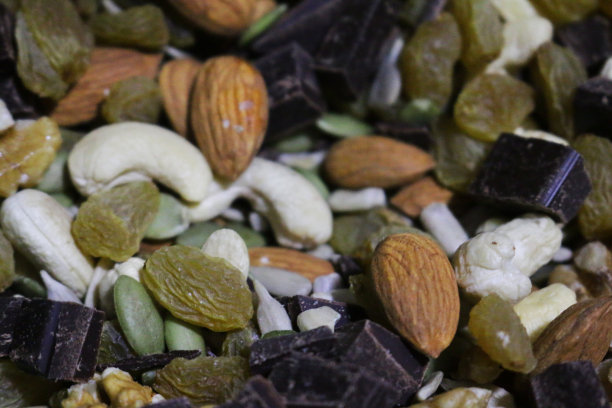 全框图像混合坚果，种子，葡萄干和巧克力，腰果，核桃，巴西，杏仁，开心果和南瓜子，健康的食品零食图片下载