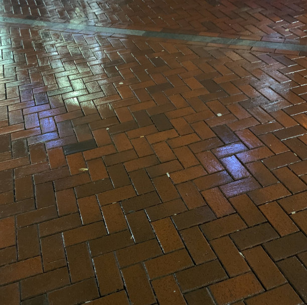 霓虹灯在被雨水浸湿的砖块路面上的夜晚照片图片下载