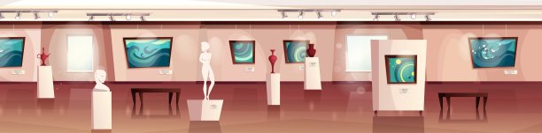 博物馆内部墙上挂着现代艺术品，雕塑，花瓶?窗户和阳光。有展览的美术馆。卡通矢量插图。图片下载