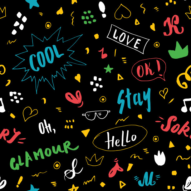 涂鸦无缝模式，手绘波普艺术符号和符号背景，矢量插图图片下载