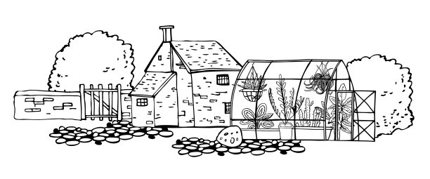村庄景色与老房子和温室。手绘轮廓矢量草图黑白插图图片下载