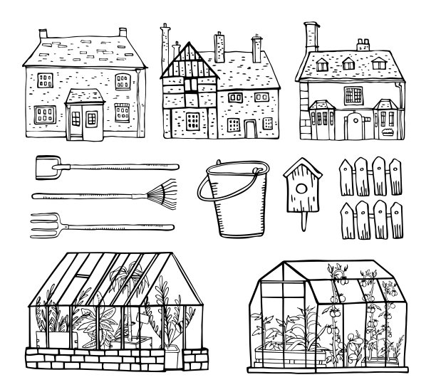 配有古老的英国房屋、温室和园艺工具。手绘轮廓矢量草图黑白插图图片下载