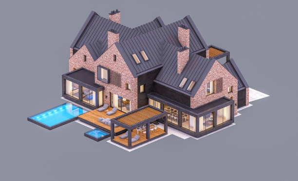 池塘上现代熟料房的3d渲染，傍晚与水池隔离在灰色图片下载