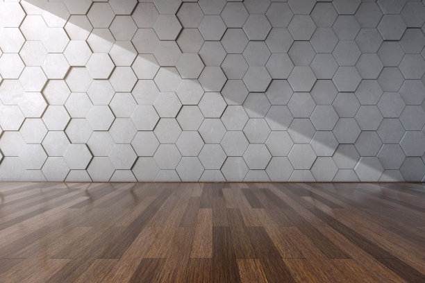 六角形混凝土墙的三维渲染在现代室内与木地板，室内建筑与最小的概念图片下载