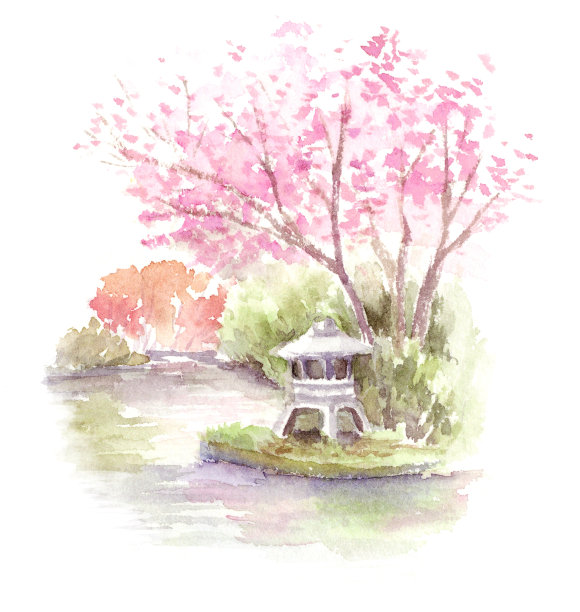 日本花园樱桃树和灯笼的水彩画插图。图片下载