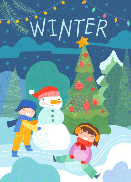 五彩缤纷的冬天，孩子和雪人图片下载