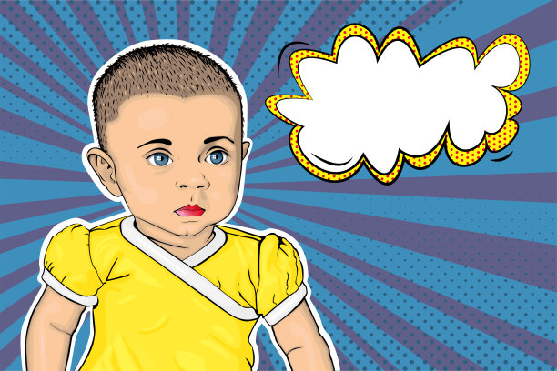 矢量海报与插图的婴儿与蓝色眼睛在黄色紧身衣。流行艺术风格的网页横幅图片下载