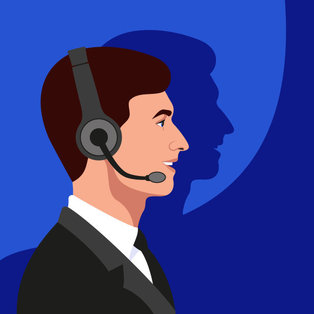 帅哥呼叫中心接线员简介。电话谈工作。在线客户支持服务。蓝色背景。矢量插图。图片下载