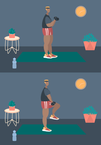 健美的人穿着运动服在家锻炼。积极健康的生活方式理念。体育竞赛，室内健身，体育运动。平面矢量插图在房间家具。时尚简单的室内图片下载