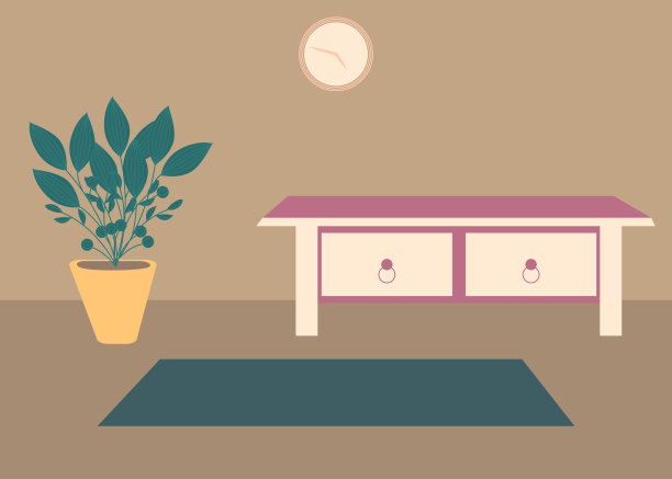 矢量室内平面设计插图。家中色彩缤纷的家具，简约的客厅，时尚的风格。设计一个舒适的房间，有室内装饰配件和植物。装饰元素图片下载