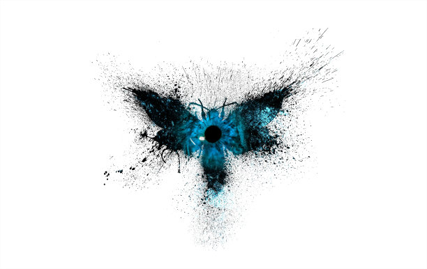 这是一只蝴蝶美丽的剪影，深蓝色的颜色，里面有一个宇宙星云，蝴蝶的中央有一个神秘的眼睛，蝴蝶上的颜料飞溅和斑点孤立在白色上。图片下载