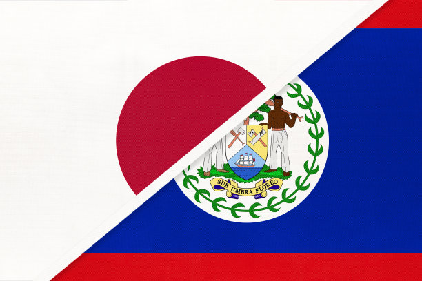 象征日本和伯利兹两国国旗。亚洲和美洲国家之间的关系。图片下载