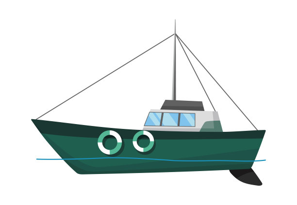 渔船侧视图。用于工业海鲜生产的商业拖网渔船。海船，海运或远洋运输。矢量图图片下载