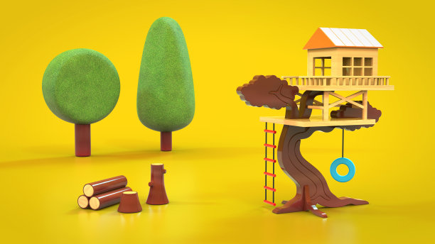 一个玩具屋和树的场景图片下载