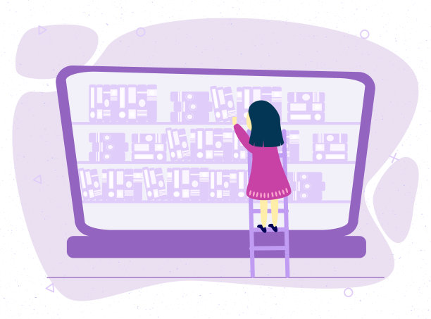 在线数字图书馆书架与书在笔记本电脑屏幕现代概念创意平面设计矢量插图图片下载