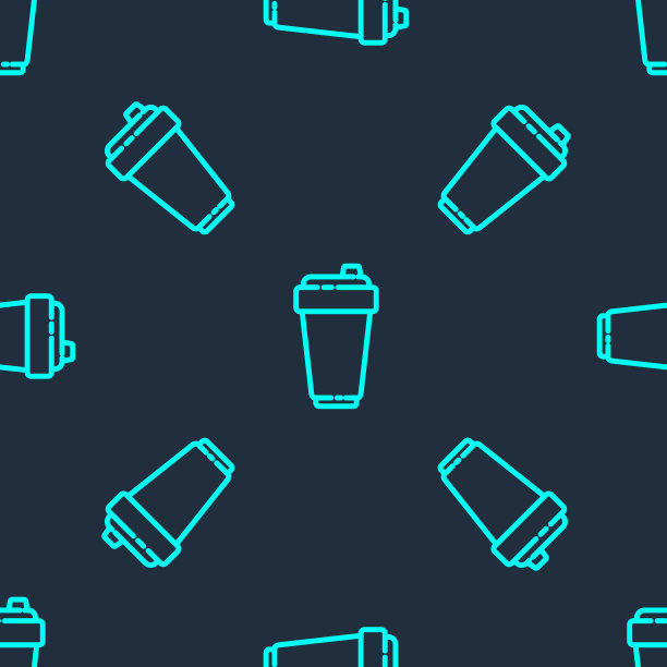 绿色线健身摇瓶图标隔离无缝模式上的蓝色背景。运动摇瓶与盖子的水和蛋白质鸡尾酒。矢量图图片下载