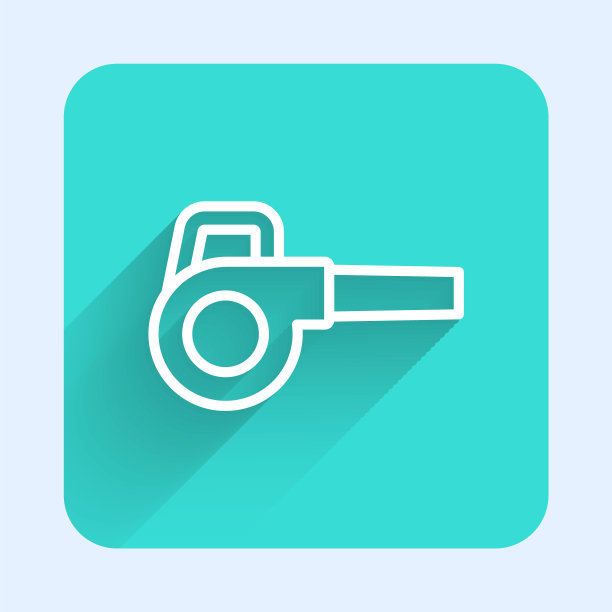 白线叶片花园吹风机图标孤立与长影子。绿色广场按钮。矢量图图片下载