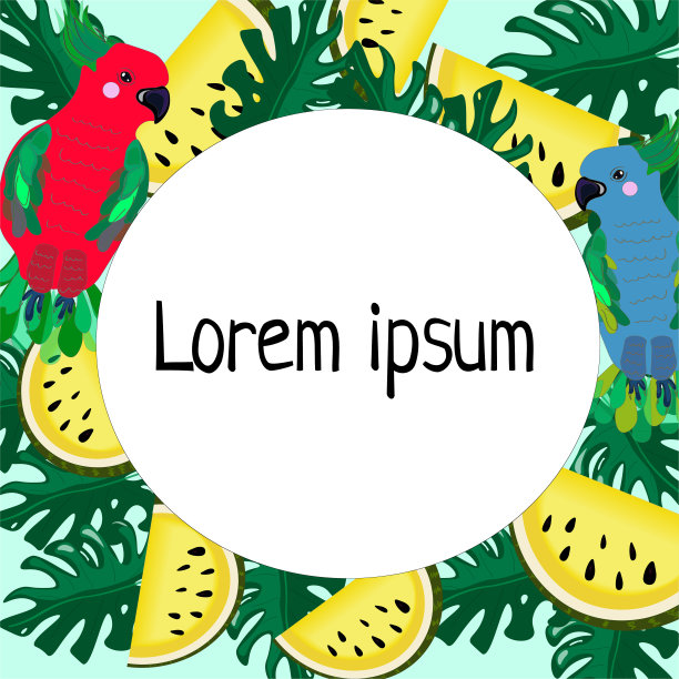 有鹦鹉，西瓜和怪兽的贺卡。图片下载