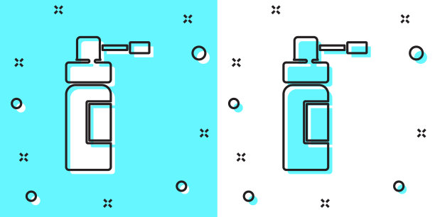 黑线带喷嘴的药瓶，用于治疗鼻咽喉疾病，图标孤立在绿色和白色背景上。随机动态形状。矢量图图片下载
