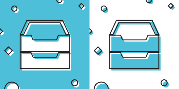 黑色抽屉与文件图标隔离在蓝色和白色背景。归档文件的抽屉里。文件柜的抽屉里。办公家具。随机动态形状。矢量图图片下载