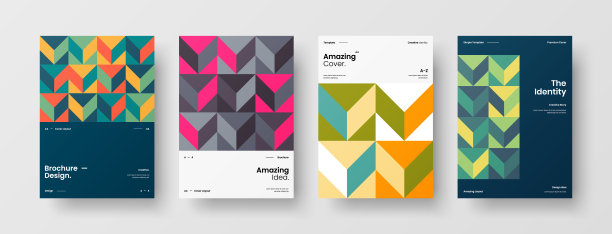 公司标识手册模板收集。业务表示向量A4垂直方向首页模拟设置。公司报告封面抽象几何插图设计布局捆绑。图片下载