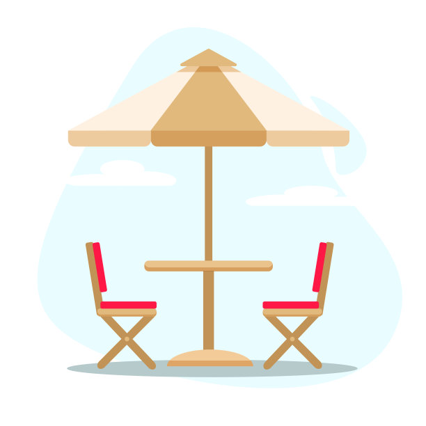 夏日户外咖啡馆与桌子，雨伞，椅子隔离在蓝天背景。图片下载