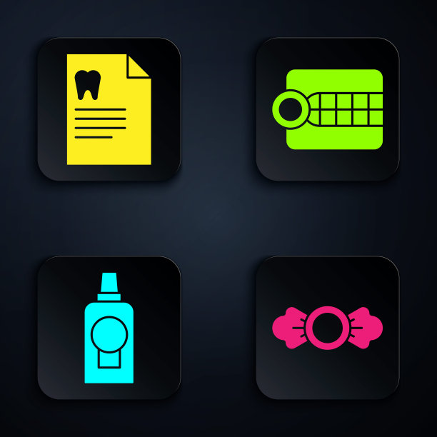 设置糖果，剪贴板与牙科卡，漱口水塑料瓶和假牙模型。黑色方形按钮。向量图片下载
