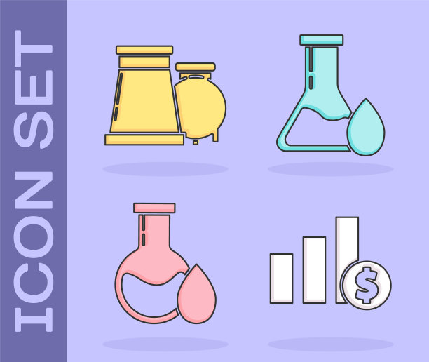 设置饼图信息图和美元，石油和天然气工业厂房，石油汽油试管和石油汽油试管图标。向量图片下载