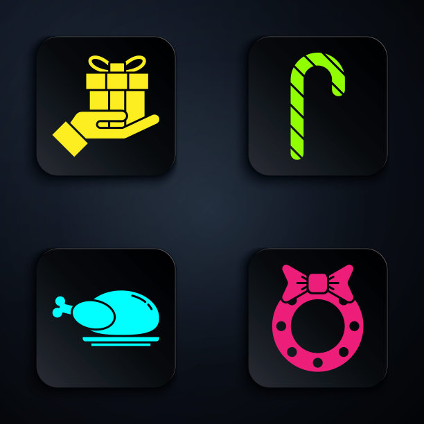 圣诞花环，礼品盒，烤火鸡或烤鸡，圣诞糖果手杖与条纹。黑色方形按钮。向量图片下载