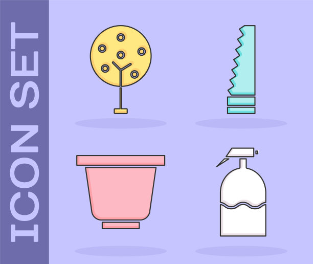 设置花园喷雾器，树，花盆和花园见图标。向量图片下载