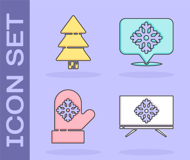 在电视上设置圣诞快乐，圣诞树，圣诞手套和带有气泡图标的雪花。向量图片下载