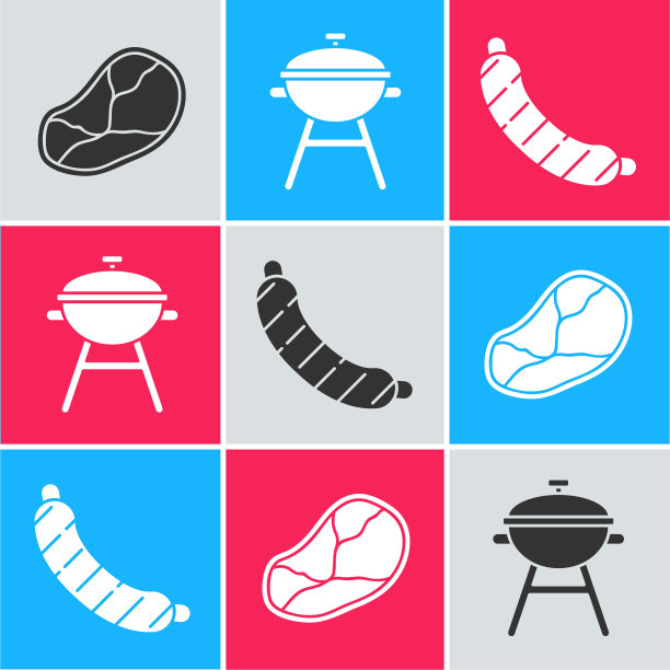 设置牛排肉，烧烤架和香肠图标。向量图片下载