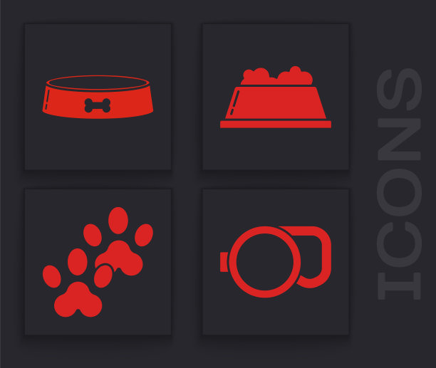 设置可伸缩绳绳，宠物食品碗，宠物食品碗和爪印图标。向量图片下载
