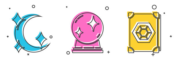 Set Moon and stars, Magic ball and Ancient Magic book icon。向量图片下载