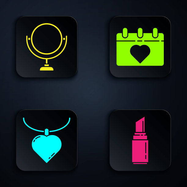 设置口红，圆形化妆镜，项链与心形吊坠和日历与3月8日。黑色方形按钮。向量图片下载