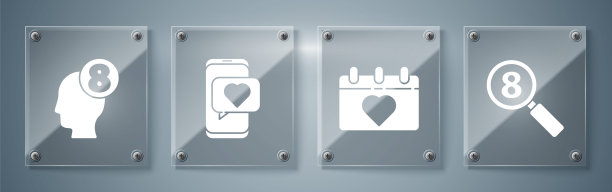 设置搜索8三月，日历8三月，在线约会应用和聊天和8三月在人的头部。方形玻璃面板。向量图片下载